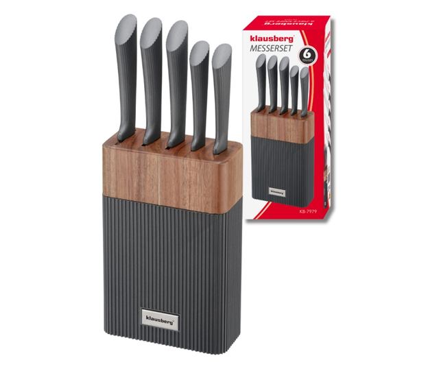 Klausberg KB 7979 késkészlet, 6 darabos, rozsdamentes acél, állvány, grafit/barna