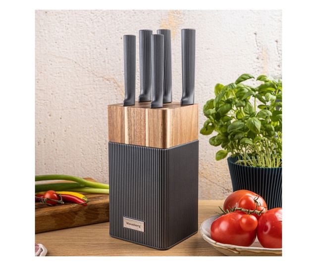 Klausberg KB 7982 késkészlet, 6 darabos, rozsdamentes acél, akácfa állvány, grafit/barna