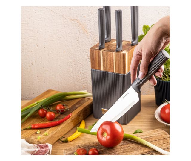 Klausberg KB 7982 késkészlet, 6 darabos, rozsdamentes acél, akácfa állvány, grafit/barna