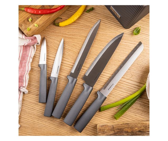 Klausberg KB 7982 késkészlet, 6 darabos, rozsdamentes acél, akácfa állvány, grafit/barna