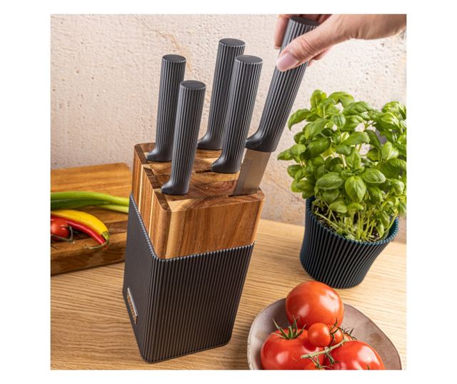 Klausberg KB 7982 késkészlet, 6 darabos, rozsdamentes acél, akácfa állvány, grafit/barna