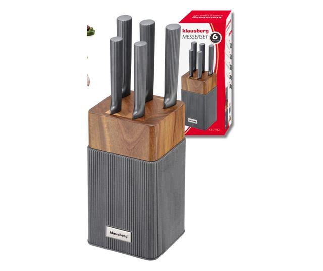 Klausberg KB 7982 késkészlet, 6 darabos, rozsdamentes acél, akácfa állvány, grafit/barna