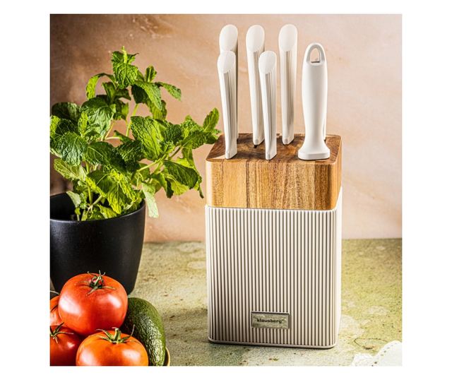 Klausberg KB 7984 késkészlet, 8 darabos, rozsdamentes acél, hegyező, akácfa állvány, bézs/fa