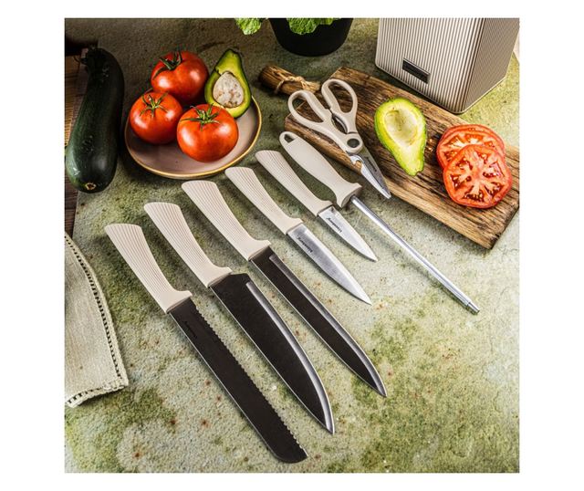 Klausberg KB 7984 késkészlet, 8 darabos, rozsdamentes acél, hegyező, akácfa állvány, bézs/fa