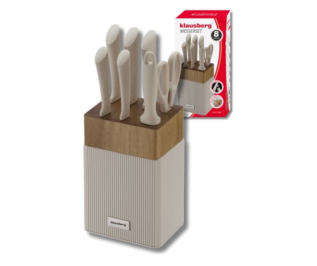 Klausberg KB 7984 késkészlet, 8 darabos, rozsdamentes acél, hegyező, akácfa állvány, bézs/fa