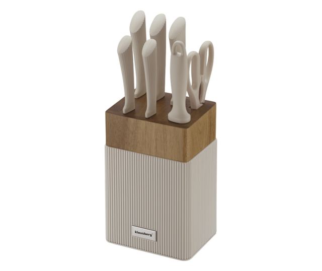 Klausberg KB 7984 késkészlet, 8 darabos, rozsdamentes acél, hegyező, akácfa állvány, bézs/fa