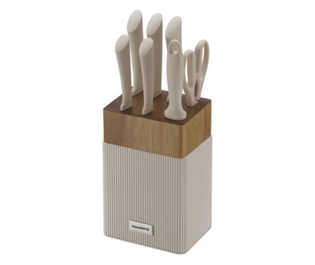 Klausberg KB 7984 késkészlet, 8 darabos, rozsdamentes acél, hegyező, akácfa állvány, bézs/fa