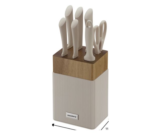 Klausberg KB 7984 késkészlet, 8 darabos, rozsdamentes acél, hegyező, akácfa állvány, bézs/fa