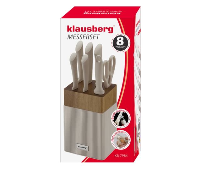 Klausberg KB 7984 késkészlet, 8 darabos, rozsdamentes acél, hegyező, akácfa állvány, bézs/fa