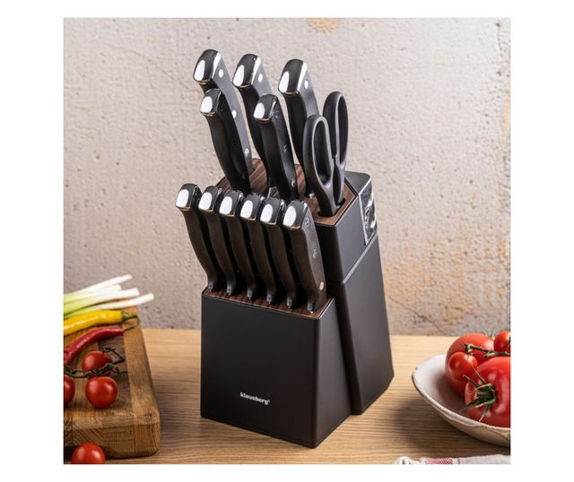 Klausberg KB 7985 késkészlet, 13 darabos, rozsdamentes acél, állvány+élező, fekete