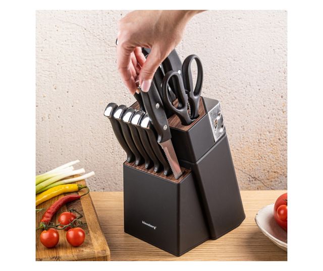 Klausberg KB 7985 késkészlet, 13 darabos, rozsdamentes acél, állvány+élező, fekete