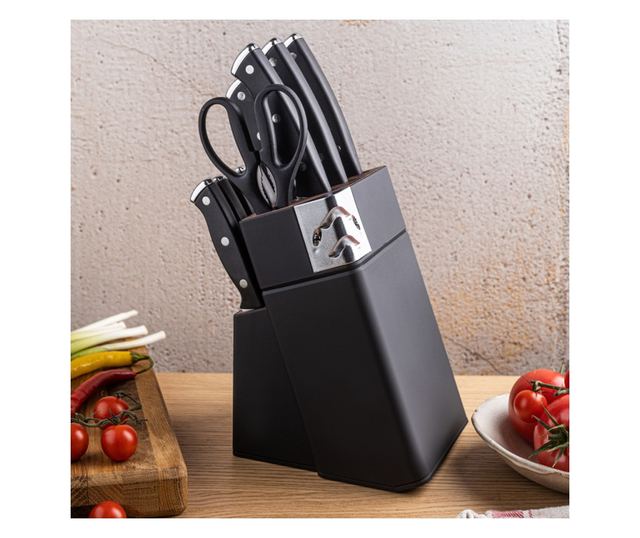 Klausberg KB 7985 késkészlet, 13 darabos, rozsdamentes acél, állvány+élező, fekete