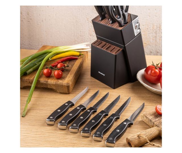 Klausberg KB 7985 késkészlet, 13 darabos, rozsdamentes acél, állvány+élező, fekete