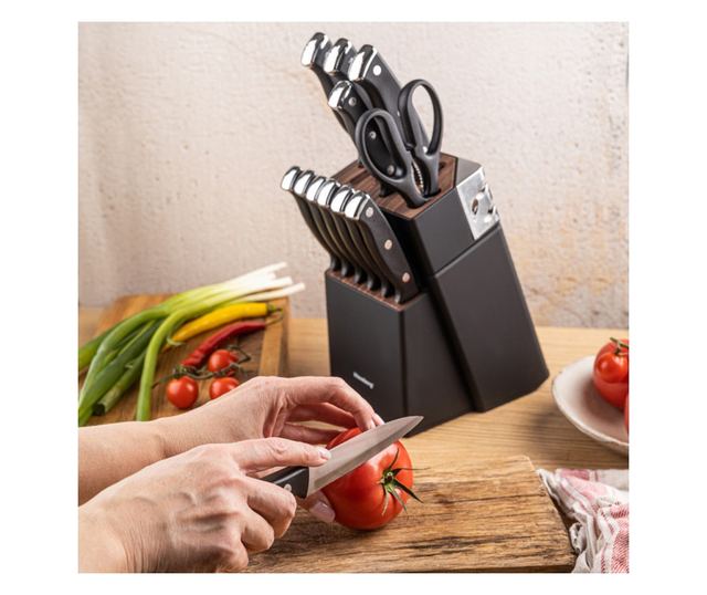 Klausberg KB 7985 késkészlet, 13 darabos, rozsdamentes acél, állvány+élező, fekete