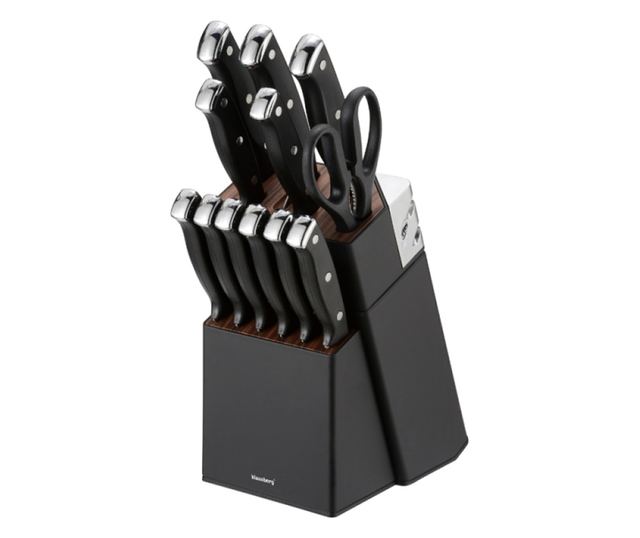 Klausberg KB 7985 késkészlet, 13 darabos, rozsdamentes acél, állvány+élező, fekete