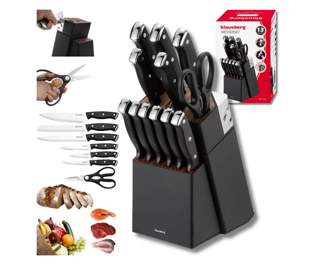 Klausberg KB 7985 késkészlet, 13 darabos, rozsdamentes acél, állvány+élező, fekete