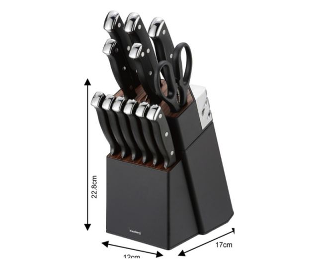 Klausberg KB 7985 késkészlet, 13 darabos, rozsdamentes acél, állvány+élező, fekete