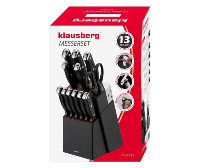 Klausberg KB 7985 késkészlet, 13 darabos, rozsdamentes acél, állvány+élező, fekete