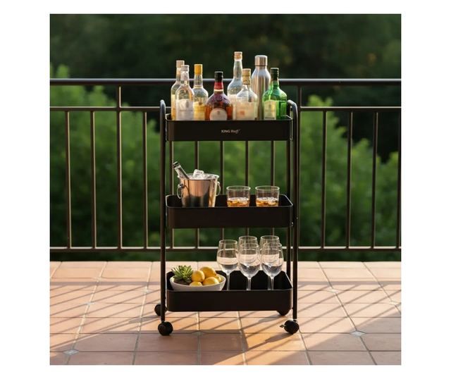 Kinghoff KH 1941 mobil polc, 3 szint, 4 db 360 fokban forgó görgő, fekete