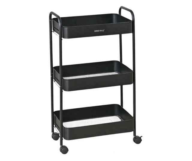 Kinghoff KH 1941 mobil polc, 3 szint, 4 db 360 fokban forgó görgő, fekete