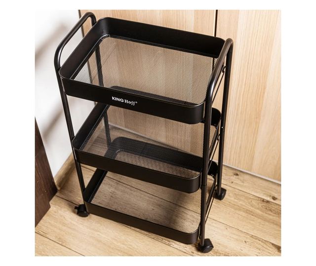 Kinghoff KH 1941 mobil polc, 3 szint, 4 db 360 fokban forgó görgő, fekete