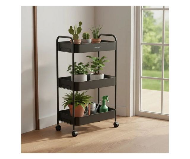 Kinghoff KH 1941 mobil polc, 3 szint, 4 db 360 fokban forgó görgő, fekete