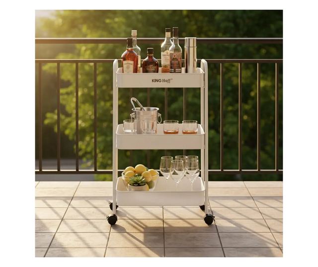 Kinghoff KH 1942 mobil polc, 3 szint, 4 db 360 fokban forgó görgő, fehér