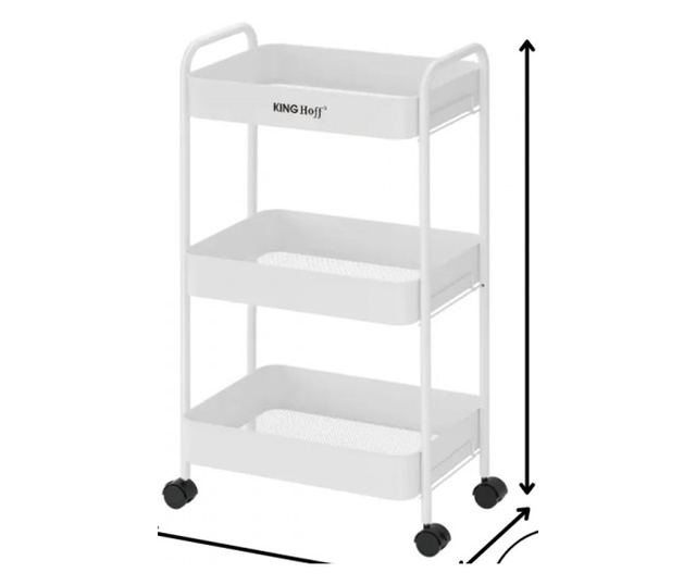 Kinghoff KH 1942 mobil polc, 3 szint, 4 db 360 fokban forgó görgő, fehér