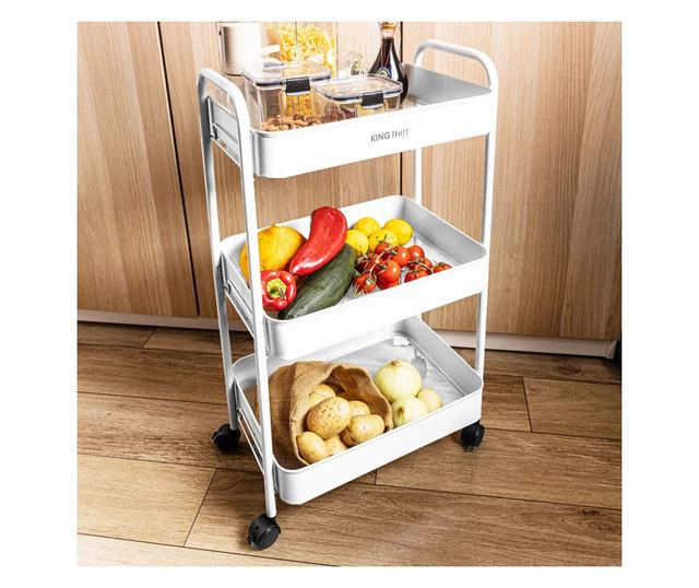 Kinghoff KH 1942 mobil polc, 3 szint, 4 db 360 fokban forgó görgő, fehér