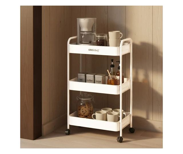 Kinghoff KH 1942 mobil polc, 3 szint, 4 db 360 fokban forgó görgő, fehér