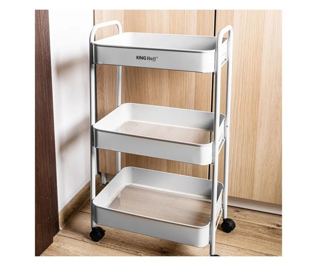 Kinghoff KH 1942 mobil polc, 3 szint, 4 db 360 fokban forgó görgő, fehér