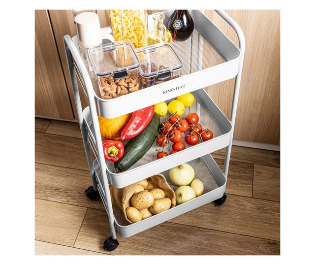 Kinghoff KH 1942 mobil polc, 3 szint, 4 db 360 fokban forgó görgő, fehér