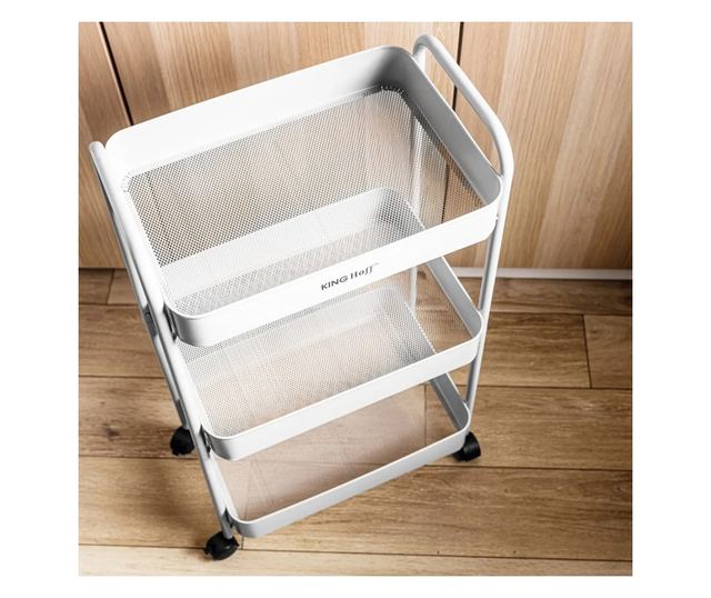 Kinghoff KH 1942 mobil polc, 3 szint, 4 db 360 fokban forgó görgő, fehér