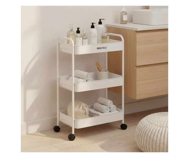 Kinghoff KH 1942 mobil polc, 3 szint, 4 db 360 fokban forgó görgő, fehér