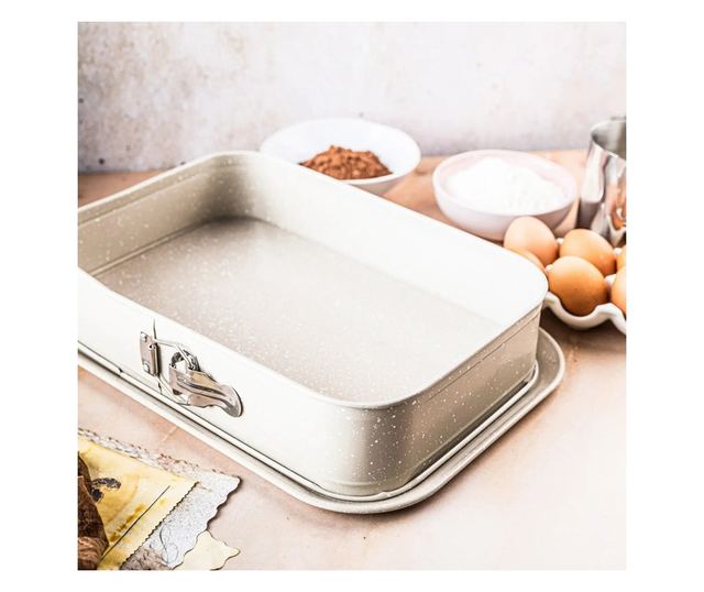 Kinghoff KH 1978 Lehajtható aljú sütőforma, 39x29x7,5 cm, Márvány felület, Bézs