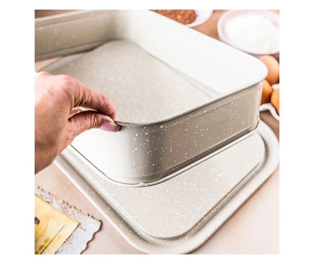 Kinghoff KH 1978 Lehajtható aljú sütőforma, 39x29x7,5 cm, Márvány felület, Bézs