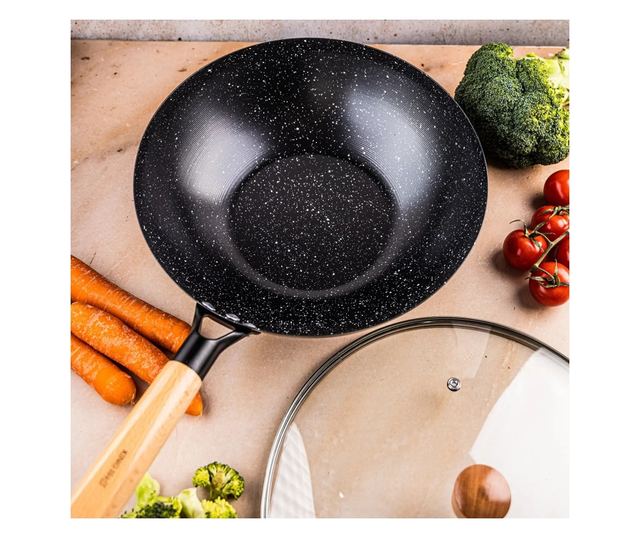 Kinghoff KH 1984 Wok serpenyő, 30 cm, üvegfedél gőzölőnyílással, márvány felület, indukció, fekete