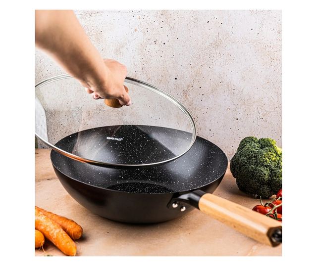Kinghoff KH 1984 Wok serpenyő, 30 cm, üvegfedél gőzölőnyílással, márvány felület, indukció, fekete