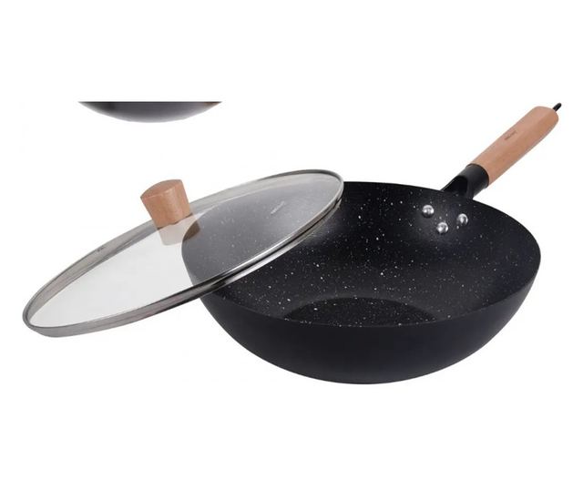 Kinghoff KH 1984 Wok serpenyő, 30 cm, üvegfedél gőzölőnyílással, márvány felület, indukció, fekete