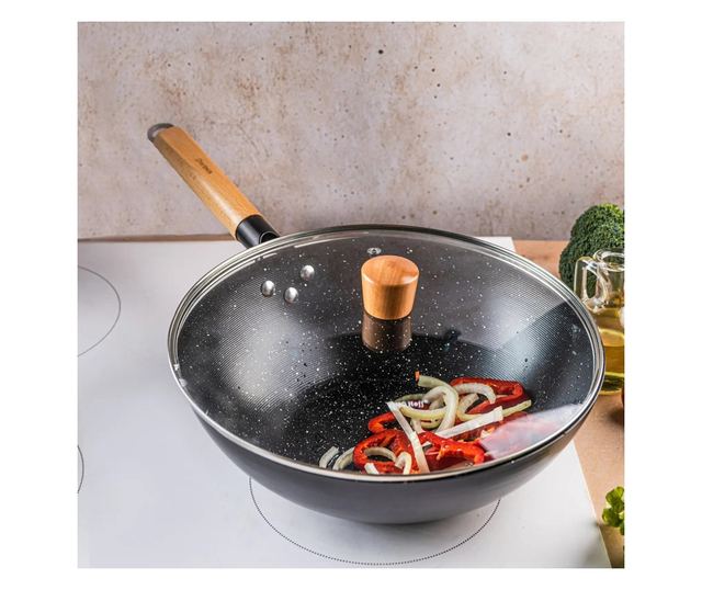 Kinghoff KH 1984 Wok serpenyő, 30 cm, üvegfedél gőzölőnyílással, márvány felület, indukció, fekete