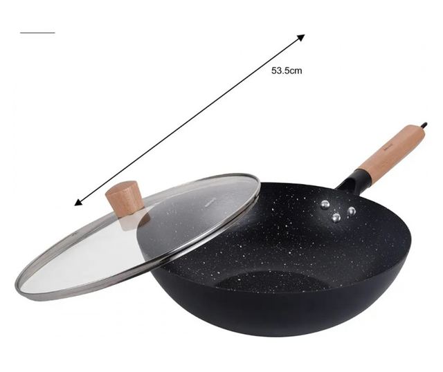 Kinghoff KH 1984 Wok serpenyő, 30 cm, üvegfedél gőzölőnyílással, márvány felület, indukció, fekete