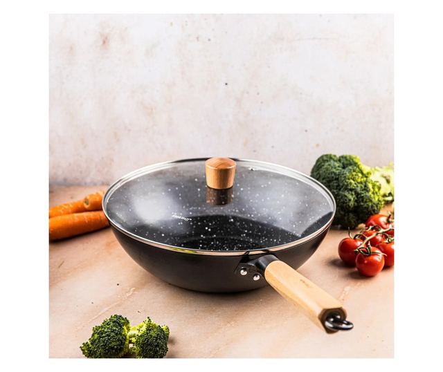 Kinghoff KH 1984 Wok serpenyő, 30 cm, üvegfedél gőzölőnyílással, márvány felület, indukció, fekete