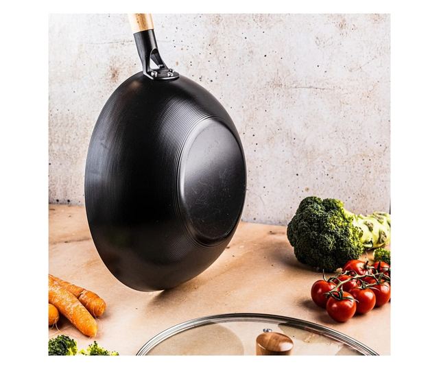 Kinghoff KH 1984 Wok serpenyő, 30 cm, üvegfedél gőzölőnyílással, márvány felület, indukció, fekete