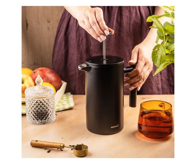Kinghoff KH 1996 French Press kávéhoz/teához, 1 l, rozsdamentes acél, dupla falú, fekete