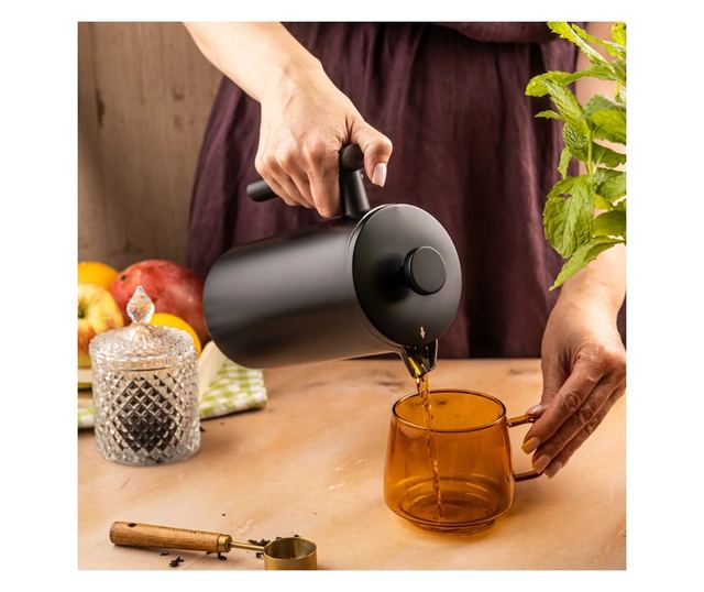 Kinghoff KH 1996 French Press kávéhoz/teához, 1 l, rozsdamentes acél, dupla falú, fekete