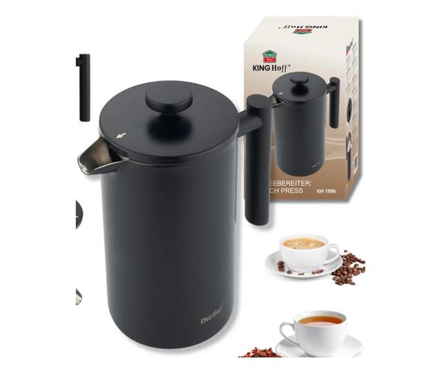 Kinghoff KH 1996 French Press kávéhoz/teához, 1 l, rozsdamentes acél, dupla falú, fekete