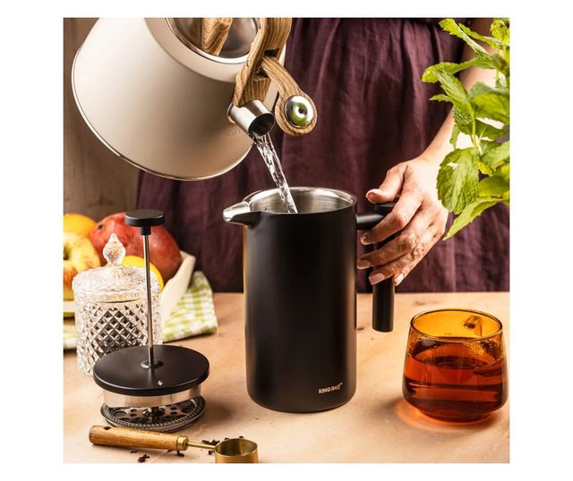 Kinghoff KH 1996 French Press kávéhoz/teához, 1 l, rozsdamentes acél, dupla falú, fekete