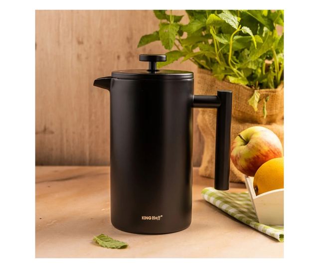 Kinghoff KH 1996 French Press kávéhoz/teához, 1 l, rozsdamentes acél, dupla falú, fekete