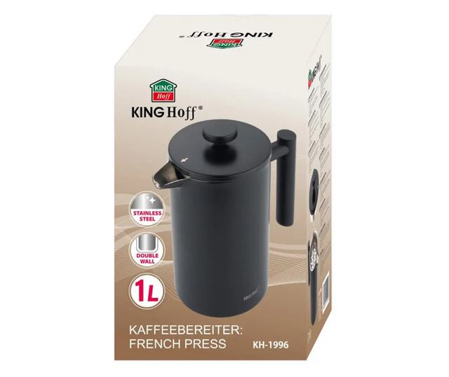 Kinghoff KH 1996 French Press kávéhoz/teához, 1 l, rozsdamentes acél, dupla falú, fekete