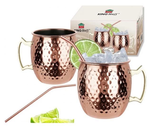 Moszkvai öszvér pohárkészlet Kinghoff KH 2000, 2 db, 500ml, 2 szívószál, rozsdamentes acél, réz színű